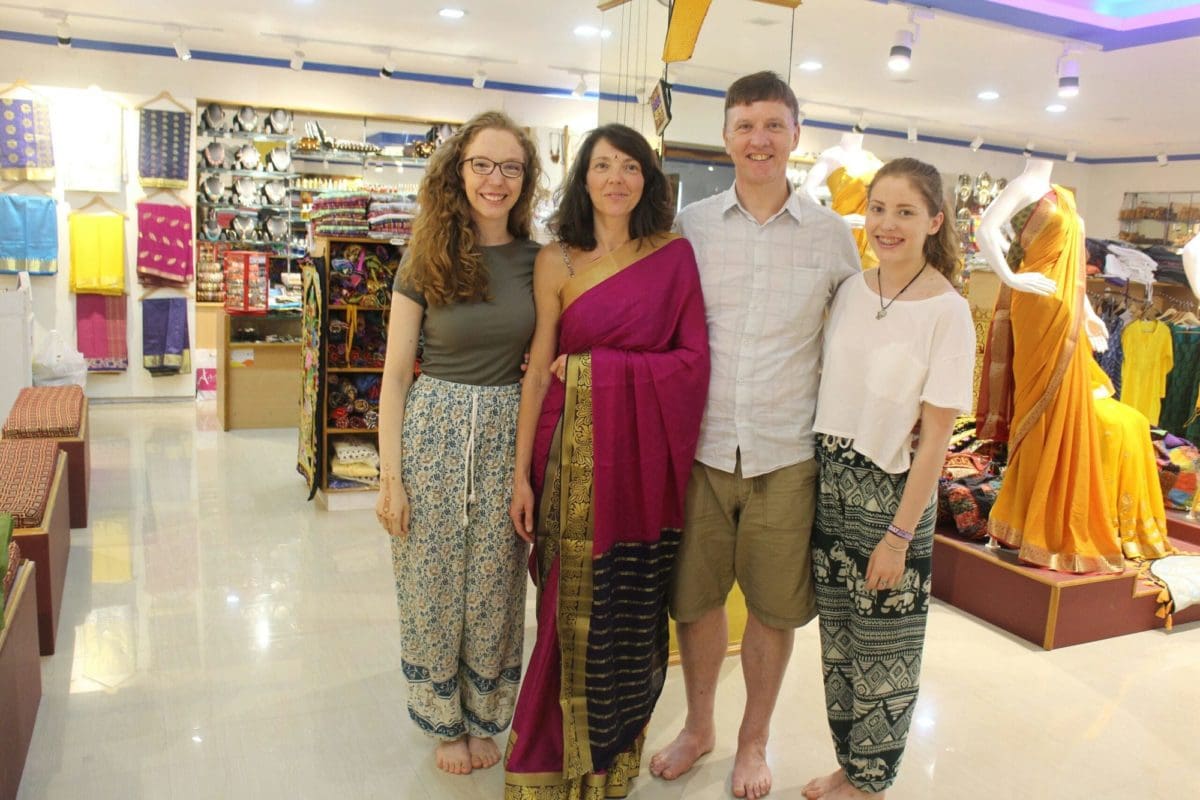 Family Volunteers at a saree shop