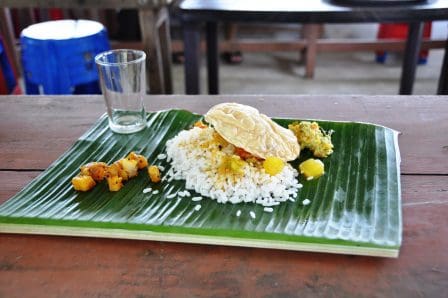 Traditional Keralan lunch on a banana leaf